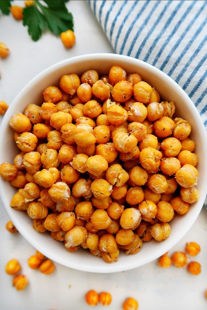 Roasted chickpeas in a white bowl.