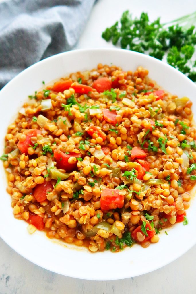 Moroccan-inspired lentils in a bowl.