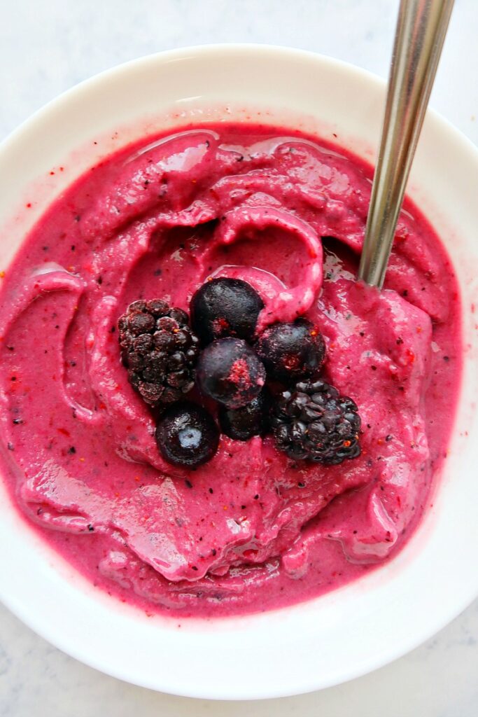 Vegan berry ice cream in a bowl.