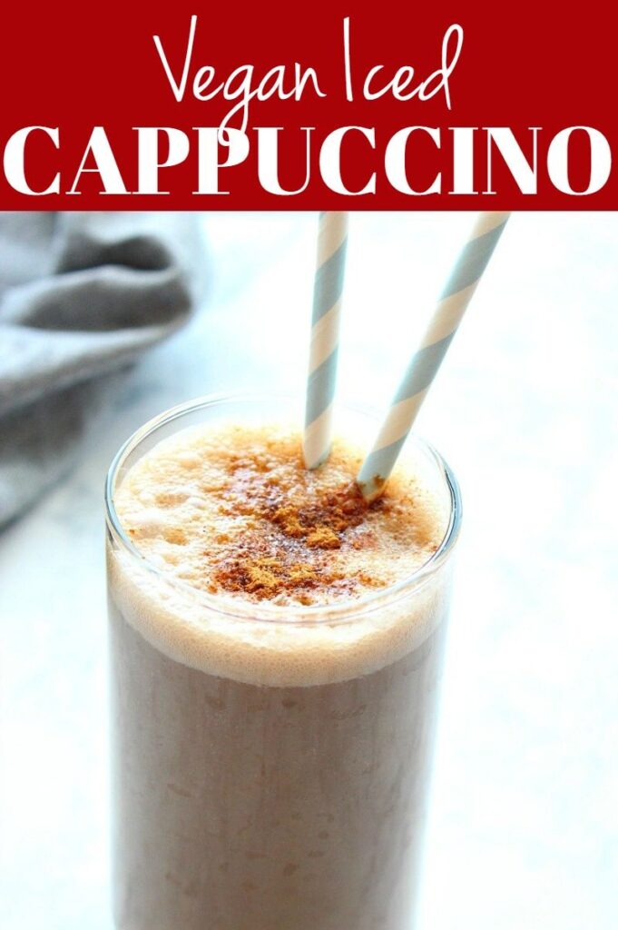 Pinterest photo collage for vegan iced cappuccino.