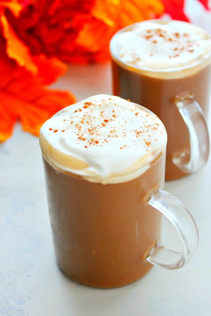 Vegan pumpkin spice latte in a mug with cinnamon.