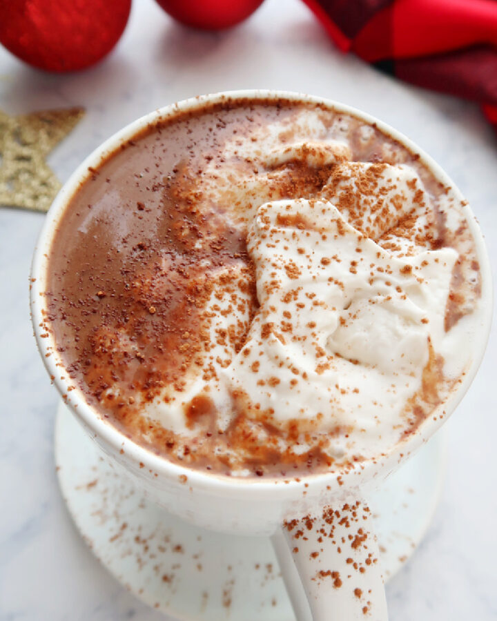 Vegan hot chocolate topped with whipped cream.