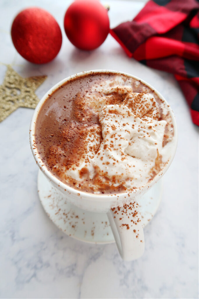 Vegan hot chocolate in a mug.