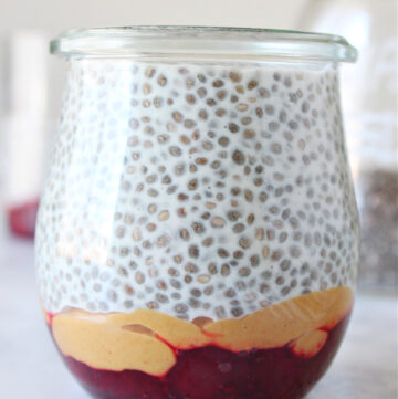 Chia pudding in a jar with toppings.